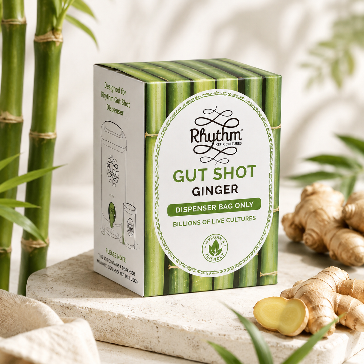 Bamboo Life Shots dispenser and recyclable glass kefir bottles
