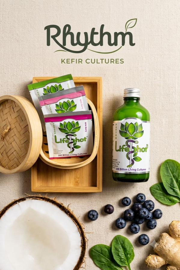 Rhythm Health kefir range with bamboo box, coconut and fresh ingredients